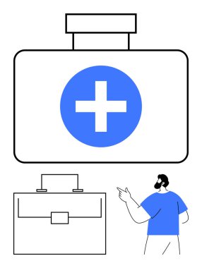 First aid kit with a prominent blue cross and a professional pointing towards it. Ideal for healthcare, emergency preparedness, medical advice, safety tips, hospital services, training, abstract line clipart