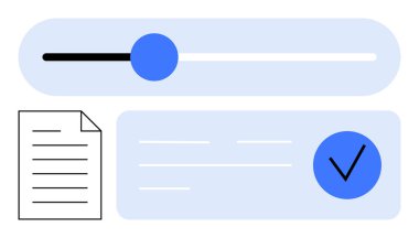 Mavi düğmeli kaypak, mavi daire içinde işaretli yatay onay kutusu ve metin simgesi olan belge simgesi. Web tasarımı, uygulama arayüzleri, UXUI modellemeleri, ayarlar, veri girişi, formlar için ideal