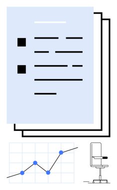 Madde noktaları olan kağıtlar, mavi noktalı yükselen bir grafik ve ergonomik ofis koltuğu. Çalışma, üretkenlik, analitik, ofis kültürü, yönetim planlama kariyer büyümesi için ideal. Soyut