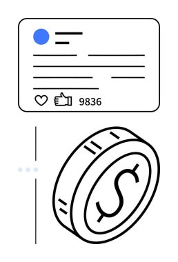 Social media post analytics with thumbs ups and shares, paired with a dollar coin. Ideal for social media, marketing, analytics, online revenue, audience growth, digital economy, abstract line flat clipart