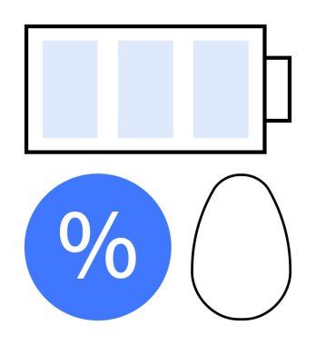 Açık mavi bölümlü pil ikonu, beyaz yüzdelik işaretli mavi daire ve siyah çizgili yumurta şekli. Enerji korunumu, verimlilik, teknoloji, sürdürülebilirlik ve tasarruf için ideal