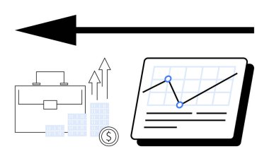 Yukarı doğru grafikler, evrak çantası, bozuk paralar ve ilerlemeyi gösteren geniş bir ok ile iş büyüme tablosu. İş stratejisi, mali büyüme, piyasa analizi, yatırım planlaması ve girişim için ideal
