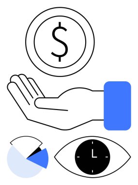 Uzanmış el bozuk para, pasta grafiği, göz içi saat alıyor. Finans, bütçe, zaman yönetimi, üretkenlik, odaklanma ve ekonomik kararlar için ideal düz çizgi metaforu