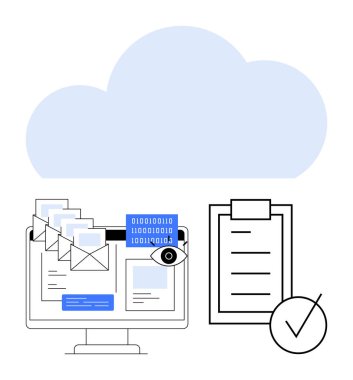 E- postalı bilgisayar ekranı, ikili kod, ve bir göz sembolü, listeli pano, bulut. Veri güvenliği, bulut depolama, üretkenlik araçları, uyum organizasyonu gizlilik soyut için ideal