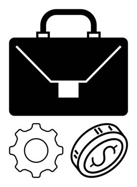 Siyah çanta, teçhizat ve bozuk para. İş stratejileri, finans, yatırım mühendisliği pazarlıkları ticaret ve ekonomik sunumlar için idealdir. Çizgi benzetmesi. Çizgi benzetmesi. Basit satır simgeleri