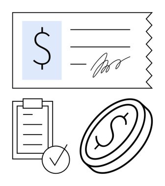 Dolar baskılı çek, altın para ve mali işlemleri, ödeme onayını ve bütçe işlemlerini içeren bir kontrol listesi. Finans, bankacılık, işlemler, muhasebe parası doğrulaması için ideal