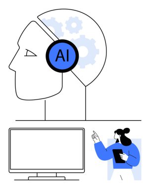 Mavi kulaklıkta yapay zeka logosu ve kafasının içinde dişliler olan insan kafası silueti. Tablet tutan, işaret eden bir kadın. Aşağıda boş bir monitör var. Teknoloji, yapay zeka, eğitim, sunum mühendisliği için ideal.