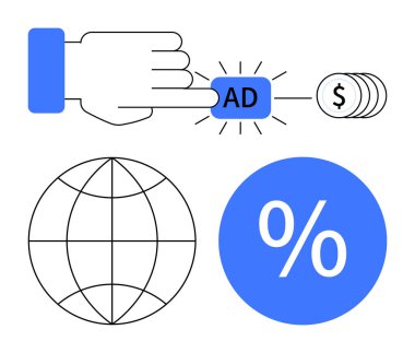 El ile AD tuşuna basınca dolar işareti, dünya ve yüzde sembolü çıkıyor. Çevrimiçi reklamcılık, pazarlama stratejileri, küresel işletme, yatırım analizi, büyüme ölçümleri, mali