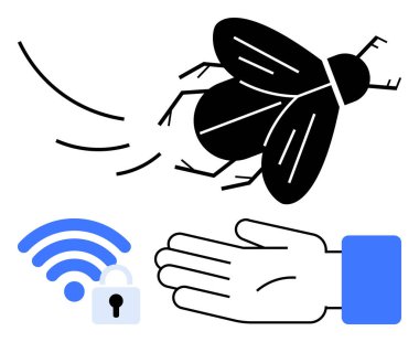 Uçuşta uç, kablosuz sinyal kilitle ve elle. Siber güvenlik, kablosuz güvenlik, koruma, gizlilik, ağ güvenliği dijital güvenlik için idealdir. Satır metaforu