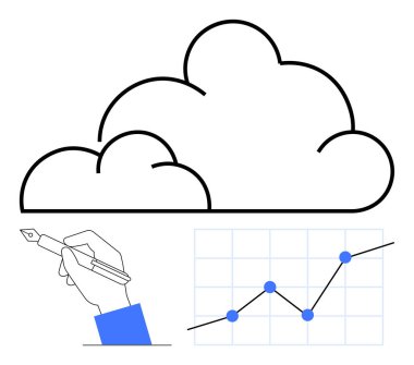 Bulut çizgisi, yukarı doğru eğilim grafiği ve kalem tutan bir el veri depolamayı, yaratıcılığı, yeniliği, analitiği, iş büyümesini, takım çalışmasını ve modern çözümleri sembolize ediyor. İlerleme için ideal soyut