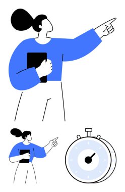 Kendine güvenen bir kadın, kronometrenin yanında elinde kronometreyle, aciliyeti, zaman yönetimini ve verimliliği tasvir ediyor. Takım çalışması, proje planlaması, teslim tarihleri, odaklanma, liderlik, strateji için ideal