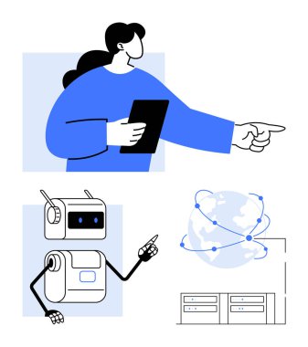 Robotu vites koluyla işaret eden tabletli bir kadın dünyayı çizgilerle, veri sunucularıyla birbirine bağlıyor. Teknoloji, yenilik, yapay zeka, robot bilimi, ağ oluşturma, veri, küresel işbirliği için idealdir. Satır metaforu