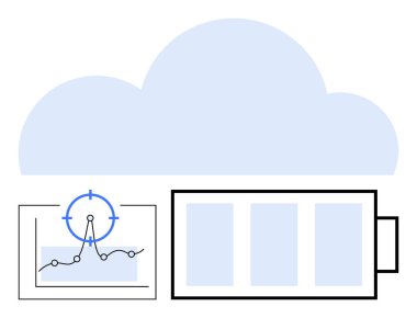 Bulut arkaplanı ve veri tabanı büyüme ve analitik hedef sembolünü gösteriyor, bir pil simgesi ile eşleştirilmiş. Veri analizi, enerji verimliliği, bulut depolama, IOT, teknoloji kavramları, sürdürülebilirlik için ideal