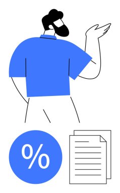 İşadamı sembol ve belge yığınına doğru el kol hareketi yapıyor. Mali raporlar, sunumlar, iş analizleri, muhasebe, istatistik, mali planlama ve yatırım için ideal