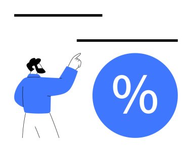 İşadamı, finansal analiz ve veri içgörülerini vurgulayarak, mavi çemberdeki büyük yüzde işaretini işaret ediyor. Finans, istatistik, ekonomi, yatırım, iş büyümesi, kavramsal