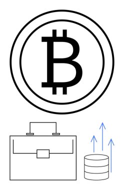 Çemberin içinde Bitcoin simgesi, evrak çantası, yukarı doğru oklu bozuk paralar. Kripto para birimi, iş, yatırım, finansal başarı, büyüme, fintech soyut metafor