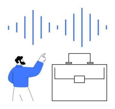 Adam, iş ve teknolojiyi simgeleyen bir evrak çantasının yanındaki ses dalgalarını işaret ediyor. Analiz, teknoloji, yenilik, iş stratejisi, çalışma süreci, ses tasarımı, soyut çizgi için ideal