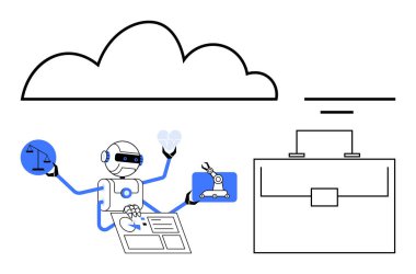 Yapay zeka robotu adalet terazisi, planlar, robot kol, fikirler ve bir bulut altında çanta ile çoklu görev yapıyor. Hukuk, otomasyon, yapay zeka, teknolojik verimlilik, soyut çizgi için ideal.