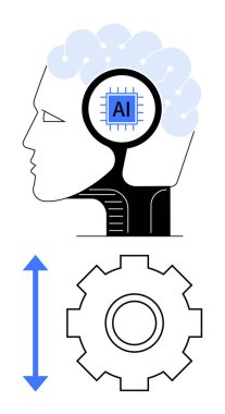 İnsan profili, beyin görselleştirme devreleri ve yapay zeka çipi ile donanım mekanizmasına bağlı. Yapay zeka kavramları, makine öğrenimi, yenilik, sinirsel ağlar, teknoloji entegrasyonu, otomasyon için ideal