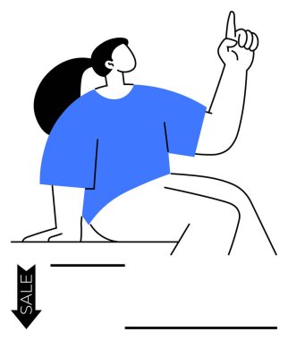 Bir kadının minimalist tasarımı tek eliyle yukarıyı gösteren, SALE ile aşağıya bakan bir ok ve kalın çizgiler. Perakende satış, indirimler, promosyonlar, reklamlar, e-ticaret için ideal, modern soyut çizgiler sunuyor