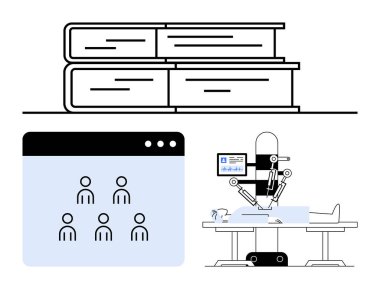 Three books stacked, a screen with user avatars, and a robotic surgical system performing an operation. Ideal for education, technology, AI, healthcare, innovation, automation abstract line flat clipart