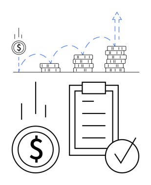 Büyüme oku, kontrol listesi ve para birimi sembolü ile yukarı doğru istiflenen paralar bütçe, kâr ve mali planlamayı temsil ediyor. Finans, iş, yatırım, büyüme analizi hedefleri için ideal