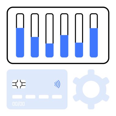 Bar grafiği, temassız çipli kredi kartı, vites simgesi. Fintech, analitik, trendler, yenilik, ödeme, otomasyon dijital araçları için ideal soyut çizgi düz metafor