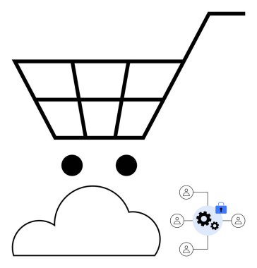 Bulut deposunun üstündeki alışveriş arabası ve bir güvenlik simgesine bağlı kullanıcı ağı. Çevrimiçi alışveriş, bulut bilgisayarı, siber güvenlik, e-ticaret, dijital işlemler, ağ güvenliği, veri