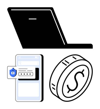Siyah dizüstü bilgisayar, güvenli giriş kilidi olan akıllı telefon ve dolar bozuk para. Çevrimiçi bankacılık, siber güvenlik, fintech, e-ticaret, veri koruması, dijital ödemeler, soyut düz metafor için ideal