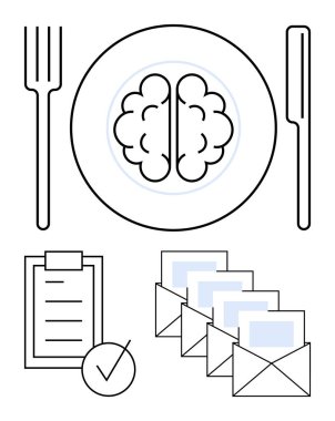 Çatal bıçak takımı, kontrol listesi ve zihinsel beslenmeyi, planlamayı, görev yönetimini ve etkili iletişimi sembolize eden zarflarla dolu bir tabakta beyin. Üretkenlik, eğitim ve farkındalık için ideal
