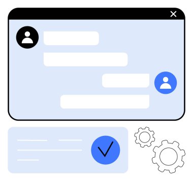 Kullanıcı profili simgeleri ve mesaj baloncukları olan sohbet penceresi. İleti gönderme durumu işaretlendi. İki vites simgesi ayarları sembolize ediyor. İletişim, destek, ekip çalışması, mesajlaşma uygulamaları için ideal