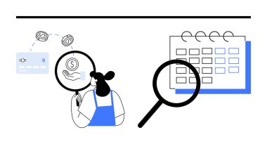 Finansal işlemleri ve takvimi büyüteç kullanarak inceleyen kişi. Finansal yönetim, denetleme, bütçeleme, planlama, analiz ve organizasyon için ideal. Asgari