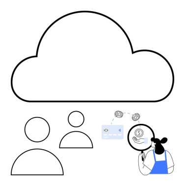 Büyük bir bulut simgesine sahip bulut hesaplama kavramı, kullanıcı profilleri, finansal işlemleri inceleyen büyüteç, kredi kartı. Teknoloji, finans, çevrimiçi hizmetler, güvenlik ve kullanıcı verileri için ideal