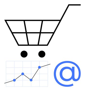 Alışveriş arabası ikonu, yükselen trend çizelgesi ve e-posta sembolü dijital satışları, büyümeyi ve bağlantıyı iletir. E-ticaret, dijital pazarlama, çevrimiçi iş, analitik eğilimler için ideal