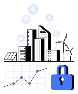 Güneş panelleri, rüzgar türbinleri ve enerji ve veri ikonları ile ufuk çizgisi. Güvenlik için çizelge ve kilit de dahil. Akıllı şehir teknolojisi, yenilenebilir enerji, veri, güvenlik, yenilikçi şehir planlaması için ideal