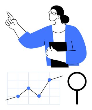 Gözlüklü kadın, veri noktaları ve çizgileri olan bir grafiğin yanında dosya tutarken yukarı bakıyor. Sunumlar, iş büyümesi, eğitim, liderlik, araştırma, istatistik ve soyut çizgi için ideal