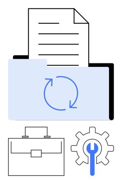 Tazeleme sembollü dosya klasörü, belge, anahtar ve evrak çantalı teçhizat. Veri organizasyonu, takım çalışması, iş akışı otomasyonu, dosya paylaşımı, görev yönetimi teknik desteği için ideal soyut çizgi