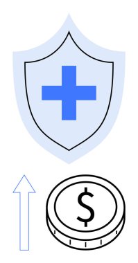 Sağlık sigortası yatırımı, koruma ve finansal büyümeyi yansıtan tıbbi haçlı, yükselen oklu ve dolarlı bir kalkan. Sigorta, tasarruf, sağlık finansmanı ve finans sektörü için ideal