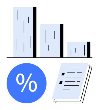 Boyunun azaldığı üç mavi çubuk, mavi bir dairede yüzde işareti ve işaretli ve metin satırlı belgeler gösteren çubuk çizelgesi. Mali raporlar, ekonomik veriler ve iş için ideal