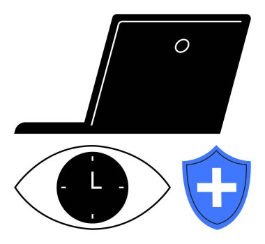 Dizüstü bilgisayar, göz özellikli saat ve üzerinde mavi haç bulunan kalkan dijital güvenlik, zaman yönetimi ve sağlık odaklanmasını simgeliyor. Üretkenlik için ideal, siber güvenlik, iş hayatı dengesi, teknoloji etiği zamanı