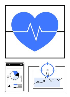 ECG çizgisi olan mavi kalp, sağlık ölçümlerini gösteren telefon ekranı ve hedef noktaları olan grafikler. Sağlık hizmetleri, fitness uygulamaları, kardiyoloji, tıbbi izleme, sağlık hedefleri, soyut veri analizi için ideal