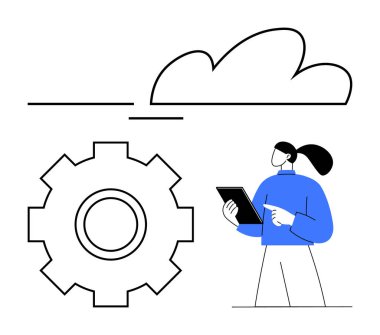 Tablet tutan kadın, bağlı teçhizat, soyut bulut. Teknoloji, bulut hesaplama, yenilik, iş akışı optimizasyonu, otomasyon, iş verimliliği soyut çizgisi düz metaforu için ideal