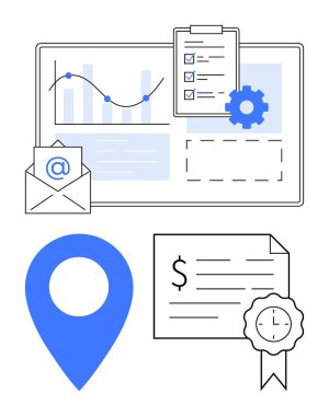 Graphs, checklist clipboard, settings gear, an envelope with an email symbol, blue location pin, and a certificate. Ideal for productivity, project management, data analysis communication clipart