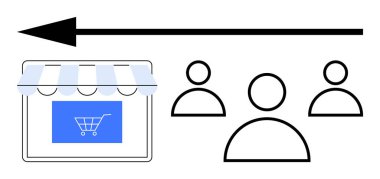 Tente ve alışveriş arabasıyla çevrimiçi mağaza, dönüşüm, katılım ve e-ticaret stratejilerini vurgulayarak, okları müşterilere yöneltiyor. Perakende satış, dijital pazarlama, müşteri hedefleme, satış için ideal