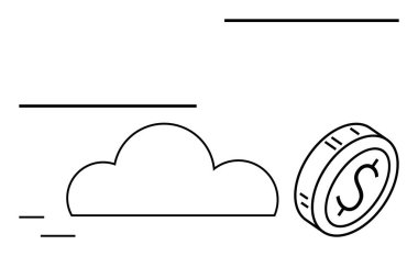 Bulut ve dolar madeni para, teknoloji ve finansmanı vurgulamak için minimum çizgi sanat tarzında. Bulut bilgisayarı, veri güvenliği, çevrimiçi tasarruflar, fintech, yatırımlar, dijital ekonomi, e-ticaret için ideal