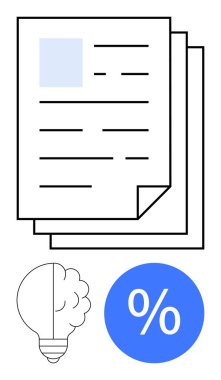 İş evrakları bir ampul ve yüzde işaretinin yanına istiflenmiş. Finans, yenilik, analiz, hesaplamalar, iş planlaması, akademik projeler ve yaratıcı fikirler için idealdir. Minimalist