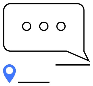 Üç noktalı konuşma balonu ve mesajlaşma, konum belirleme, müşteri desteği, navigasyon uygulamaları, küresel iletişim, seyahat planlama ve soyut düz metafor için mavi konum simgesi