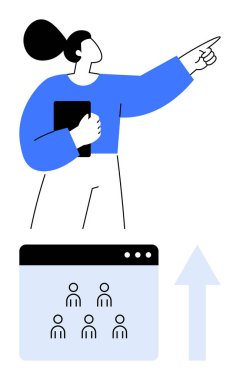 Kendine güvenen bir kadın elinde bir tablet tutuyor ve bir tarayıcı penceresinde temsil edilen sanal bir grubun yukarısını işaret ediyor. Liderlik, büyüme, takım çalışması, yenilik, rehberlik, strateji, soyut çizgi için ideal