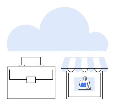 Evrak çantasının üstünde bulut ve dijital ekranda bir alışveriş torbası. Bulut depolama, çevrimiçi iş, e-ticaret, dijital araçlar, perakende teknolojisi, SaaS, takım çalışması için ideal. Soyut çizgi