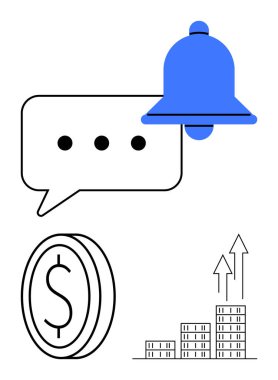 Üç noktalı konuşma balonu, mavi çan simgesi, dolar parası, yukarı doğru oklu bar çizelgesi. Finansal güncellemeler, hatırlatıcılar, iş eğilimleri, yatırım artışı, bilgilendirme analizleri için ideal